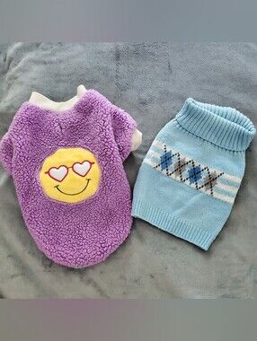 Heart to Tail purple and blue dog sweaters with yellow smiley face Small